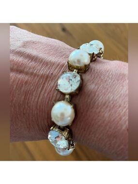 ZENZII Bracelet Faux Pearl Rhinestone Gold Tone Metal Adjustable Toggle Closure